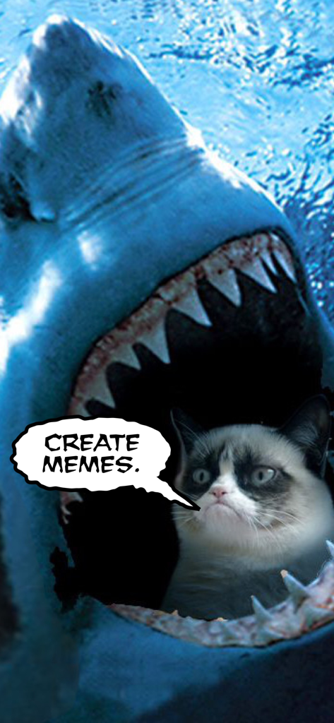 Comic Caption Meme Maker Lite - A grumpy cat inside a shark's mouth with a comic speech bubble saying Create Memes