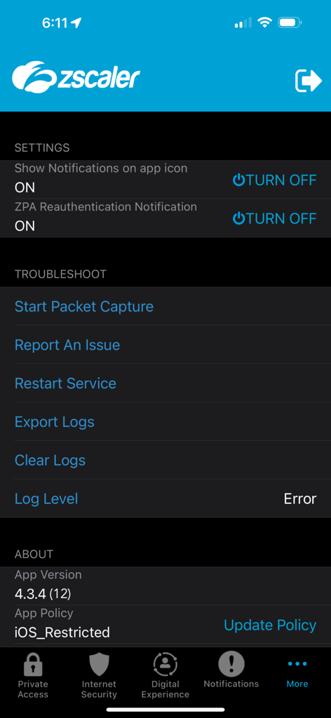 Zscaler Client Connector - Einstellungen und Fehlerbehebungsmenü des Zscaler Client Connectors