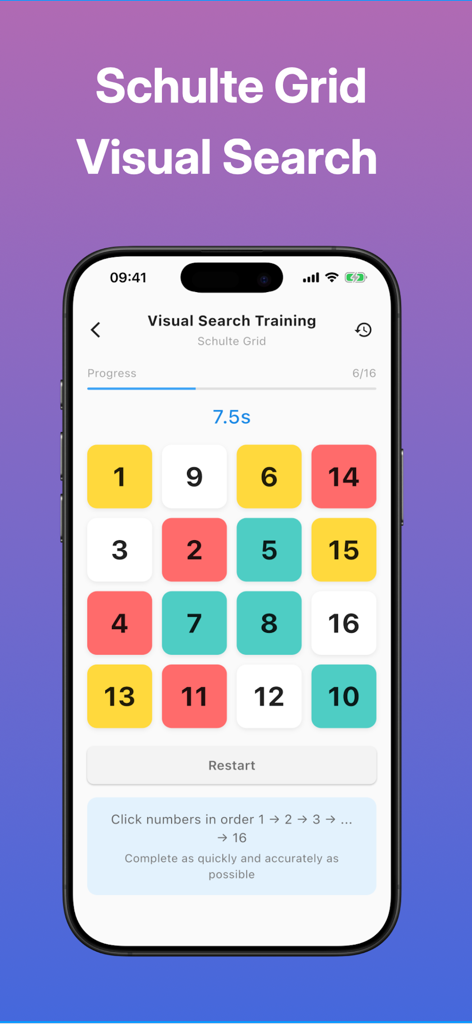MindFit - Your Brain Gym - MindFit app interface showing a Schulte Grid for visual search training with numbered colored tiles.