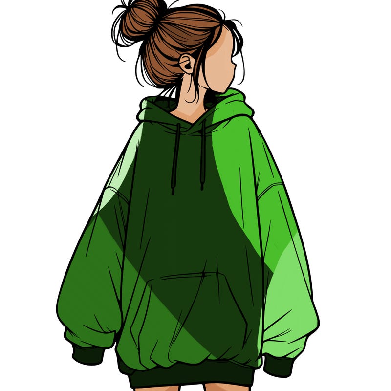 realistic girl with a oversized sweatshirt on and a bun
