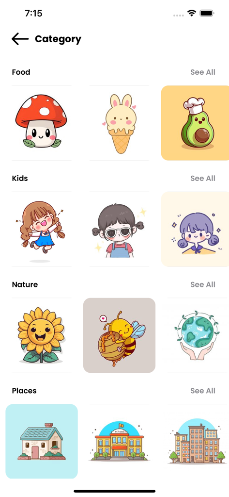 AR drawing app categories screen with cute illustration templates for food kids nature and places