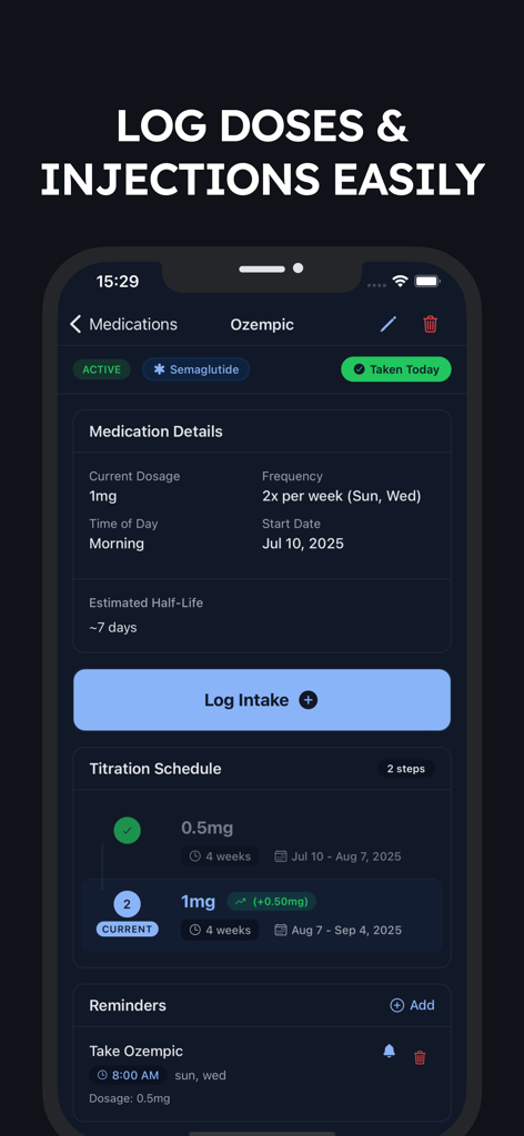 Interface do aplicativo móvel exibindo detalhes do medicamento Ozempic, cronograma de titulação e lembretes de injeção