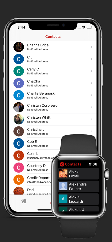 WristMail app displaying the contacts list on an iPhone and an Apple Watch