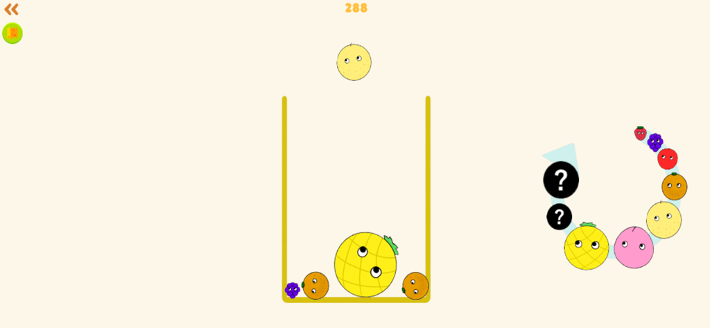 Horror Watermelon Game Merge - Fruit merge puzzle gameplay showing round fruits with eyes inside a container and a merge evolution chart