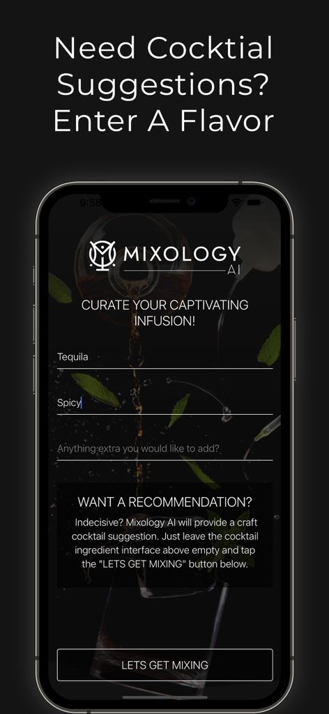 Mixology AI - Pantalla de la aplicación Mixology AI que muestra entradas de ingredientes y sabores para generar recetas de cócteles personalizadas