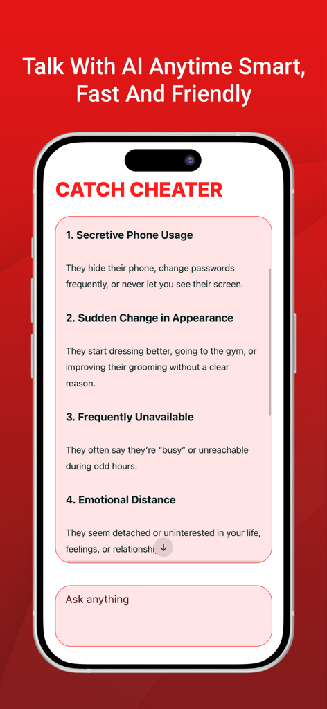 Cheater Buster AI app interface listing relationship red flags such as secretive phone usage and emotional distance.
