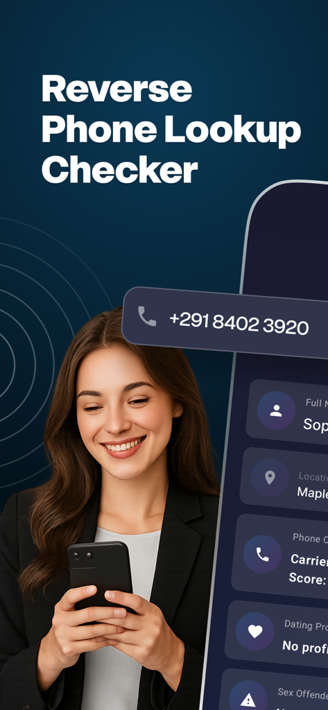 ClarityCheck - Scam Detection - Una donna che utilizza l'app ClarityCheck per eseguire una ricerca inversa del numero di telefono con un report dettagliato sull'identità del chiamante visualizzato