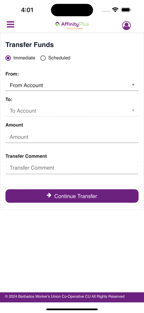 AffinityPlus mobile banking app transfer funds screen showing account selection and transaction details