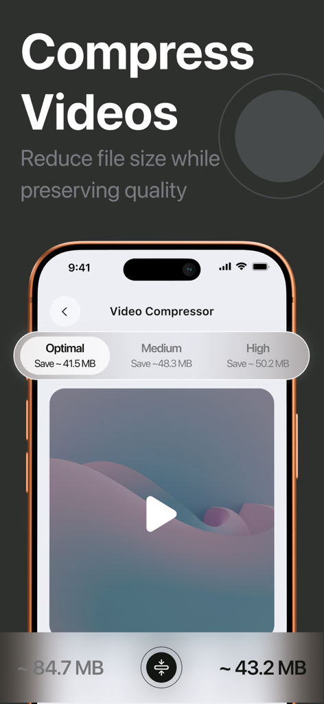 Cleerix - cleaner app - Interface of Cleerix app showing video compression settings and storage space reduction