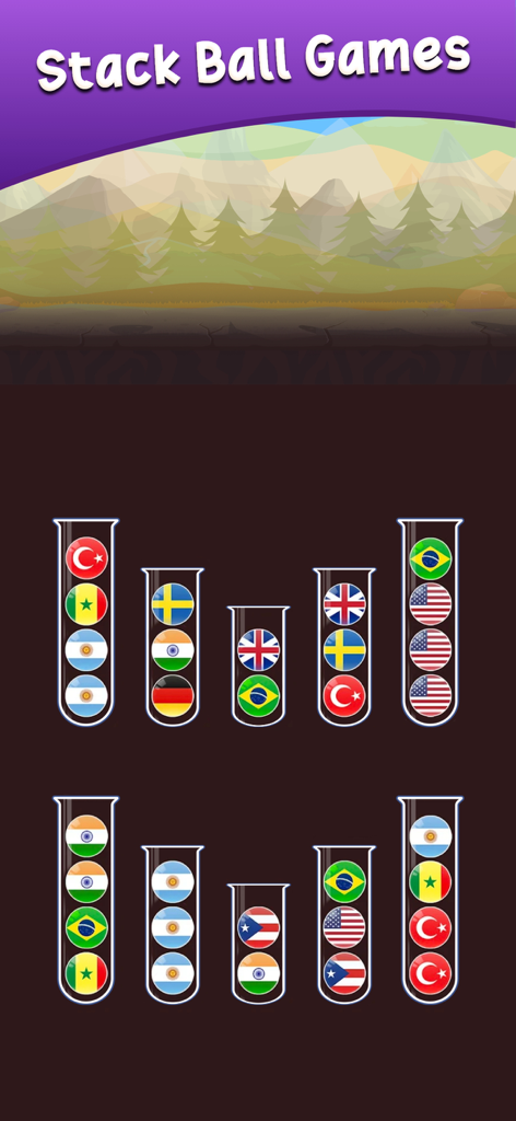 Ball Sort Puzzle - Get Color - Interfaz de juego de rompecabezas móvil que muestra tubos de vidrio llenos de bolas con patrones de banderas nacionales para clasificar