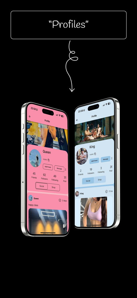 YC Fitness app user profile screens showing social features and follower statistics.