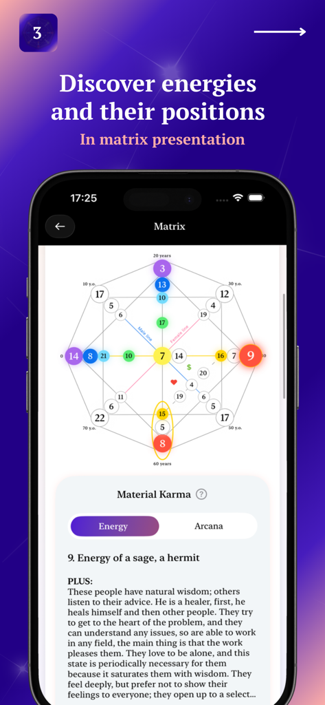 22 Energies: Destiny Matrix - App interface displaying a geometric Destiny Matrix chart with numbered energy positions and a detailed karmic interpretation section.