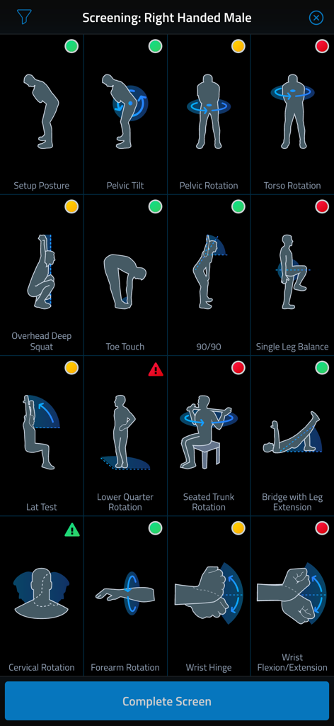 TPI Pro interface showing 16 color-coded physical screening tests for a golf fitness assessment.