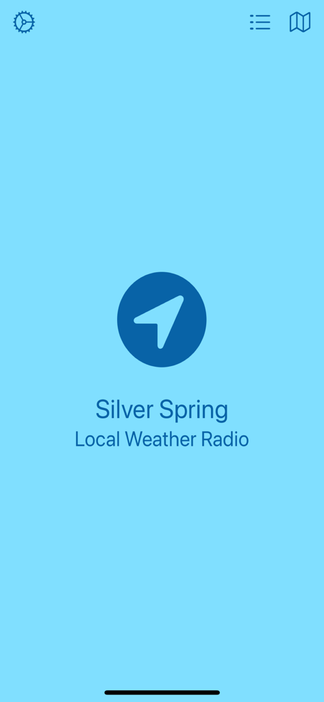 NOAA Local Weather Radio - Home screen of the NOAA Local Weather Radio app showing the current location as Silver Spring