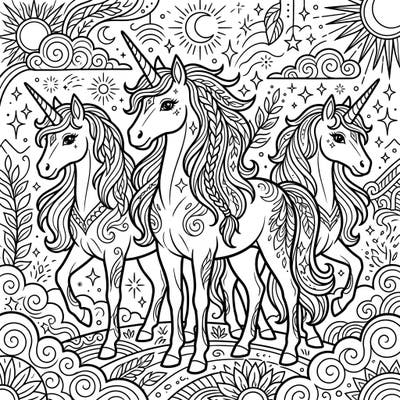 Embark on a mythical journey with this exquisite coloring page featuring three majestic golden unicorns. Their flowing manes and tails are adorned with intricate details, set against a magical backdrop of suns, moons, and stars.