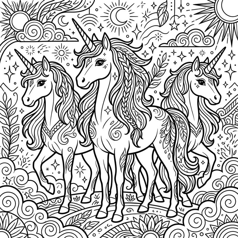 Embark on a mythical journey with this exquisite coloring page featuring three majestic golden unicorns. Their flowing manes and tails are adorned with intricate details, set against a magical backdrop of suns, moons, and stars.