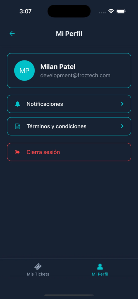 Taquillalive - Página de perfil de usuario en la aplicación Taquillalive que muestra los detalles de la cuenta y la configuración.