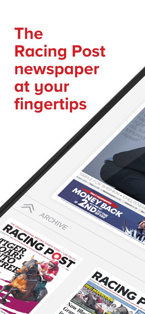Racing Post Newspaper - Interfaz de la aplicación Racing Post Newspaper que muestra copias digitales del periódico de hípica y archivos