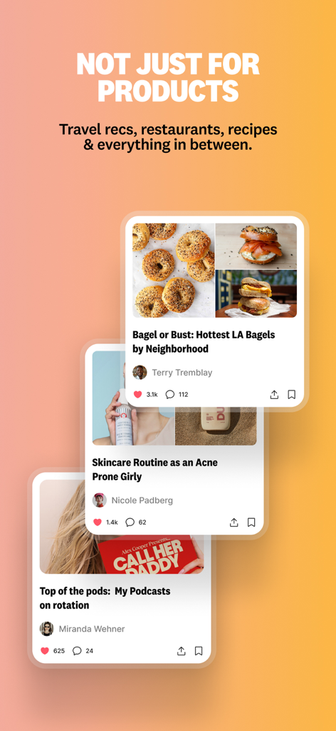 Benable app interface showing curated lists for food skincare and podcasts