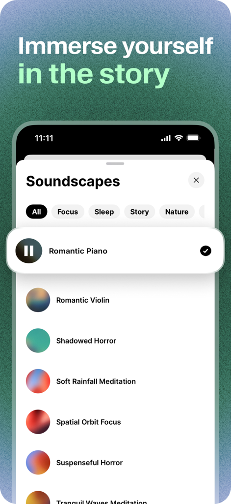 ElevenReader App-Oberfläche, die eine Liste von Hintergrund-Klanglandschaften für immersives Lesen wie Klavier und Regen anzeigt