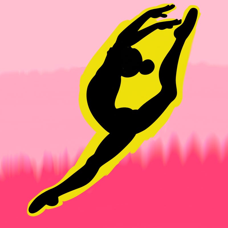 gymnast doing a leap in a leotard with a bent back leg