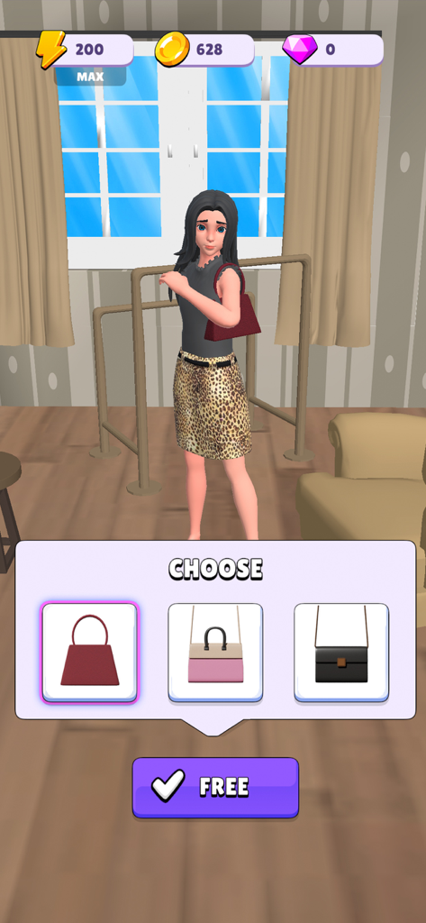 Fashion Merge Game: Super Life - Personaje eligiendo un bolso en un vestidor en el Juego de Fusión de Moda