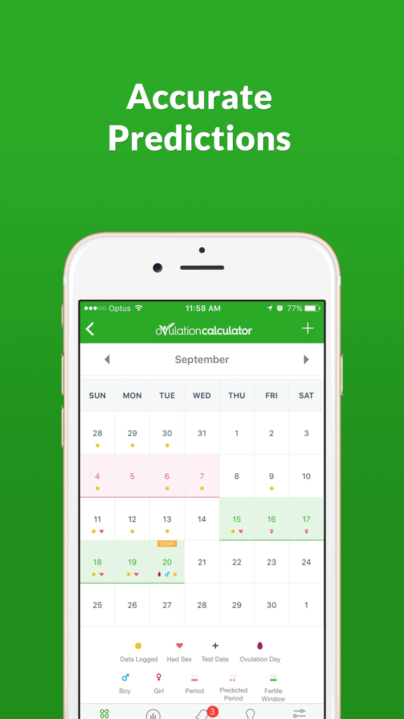 Vista calendario mensile dell'app Calcolatore Ovulazione che mostra la finestra fertile e le previsioni del giorno dell'ovulazione.