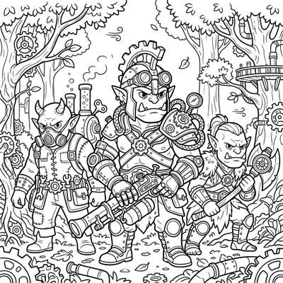 Journey into a unique fusion of fantasy and machinery with this Steampunk Forest Orcs coloring page. Discover a trio of formidable orcs, adorned with intricate gears and gadgets, amidst their woodland home.