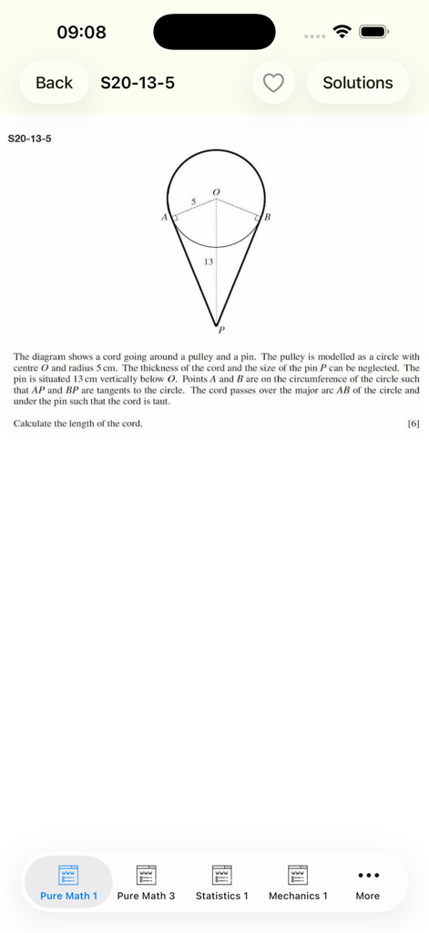 AlevelMath - Un problema de geometría en la aplicación AlevelMath que muestra un diagrama de una cuerda alrededor de una polea y un pasador con instrucciones para calcular la longitud.