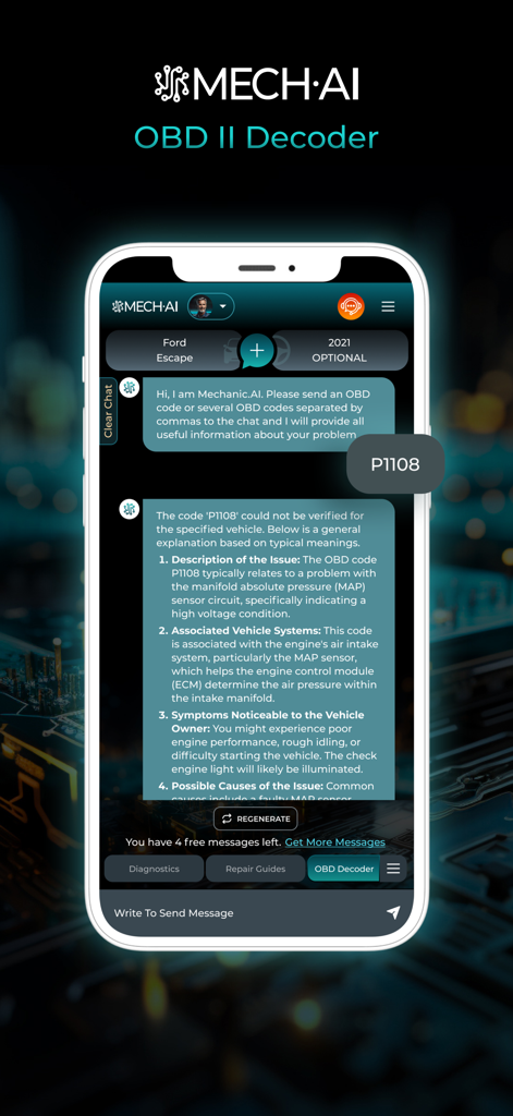 MECH.AI: Diagnostic & Repair - MECH.AI mobile app displaying an OBD II code P1108 decoder explanation for a Ford Escape