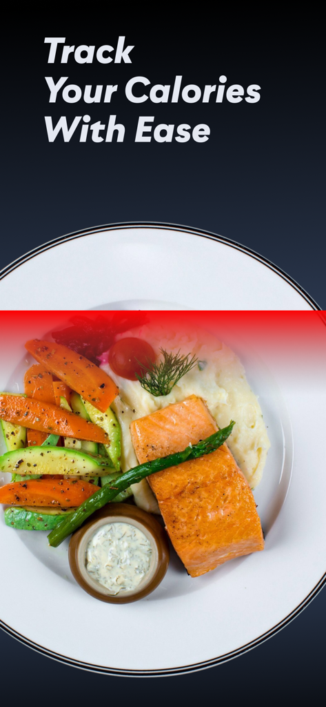 NutriGuide: AI calorie counter - Interfaz de la aplicación NutriGuide escaneando una comida saludable de salmón y verduras usando reconocimiento de fotos IA