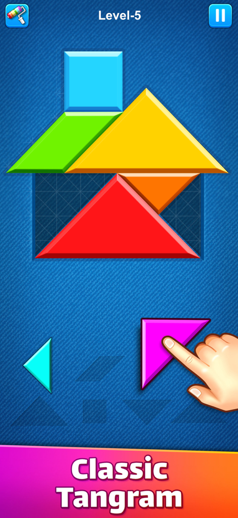 Eine Hand zieht eine bunte Form, um ein Hausrätsel im klassischen Tangram-Modus zu vervollständigen