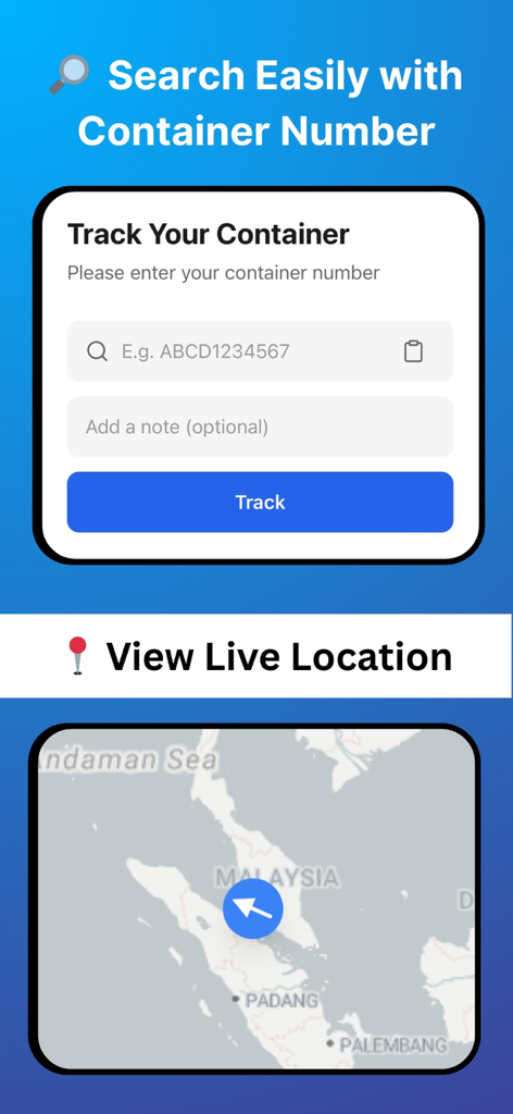 Container Tracking App - Mobile app interface showing container number search bar and a live vessel location on a map
