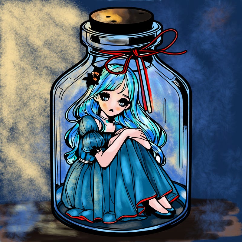beautiful realistic girl trapped in bottle
