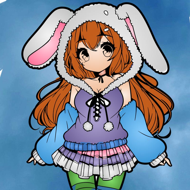 pretty anime girl wearing a fluffy hoodie with bunny ears on the hood and a skirt
