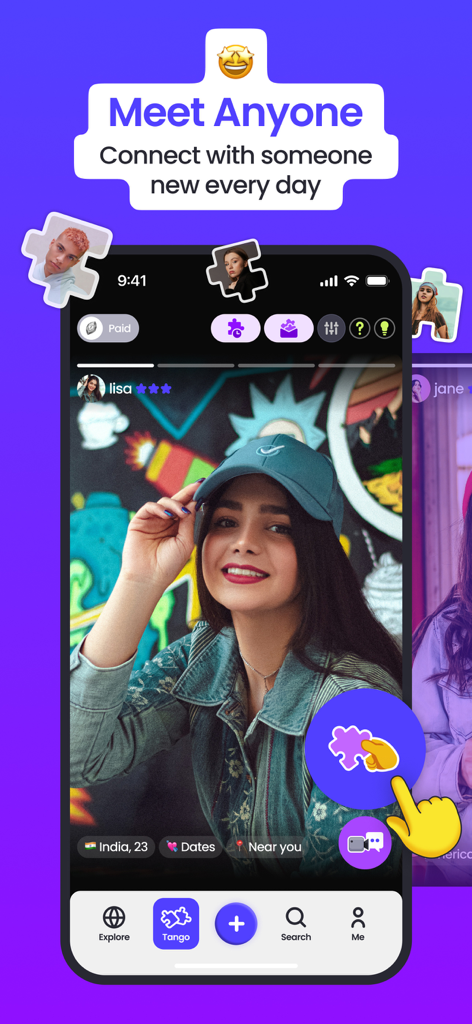 Viberse: A New Way to Social - Interface of Viberse app showing a user profile with the headline Meet Anyone and the Tango feature highlighted for connecting with new people