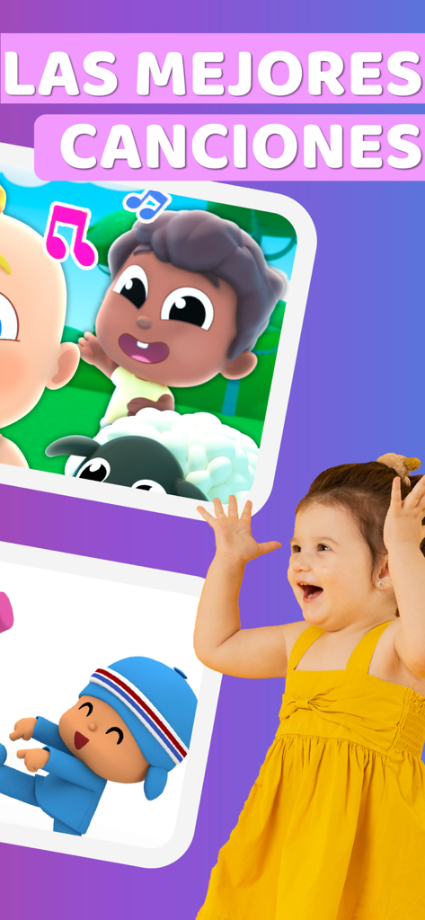 Un niño feliz junto a personajes de dibujos animados de la aplicación KidsBeeTV Español mostrando las mejores canciones infantiles