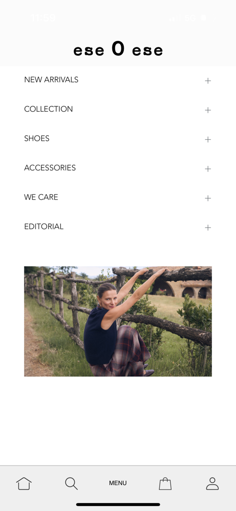 eseOese - Main menu of the eseOese fashion app featuring shopping categories and lifestyle imagery