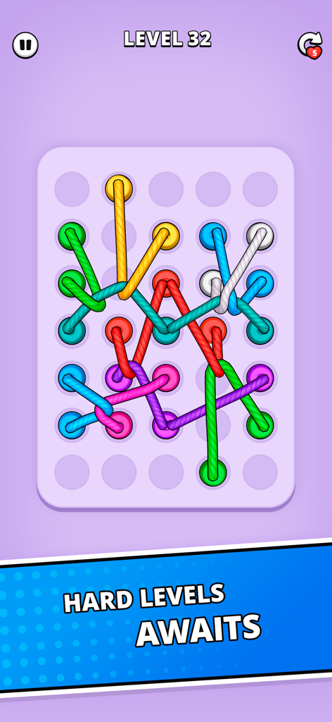 Rope Puzzle: Twisted Master - Jugabilidad del nivel 32 de Rope Puzzle Twisted Master mostrando cuerdas de colores enredadas en una cuadrícula.