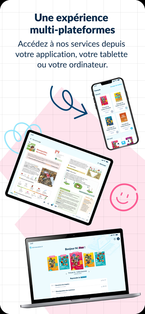 Lelivrescolaire.fr - Interface de l'application de manuel numérique Lelivrescolaire.fr affichée sur un smartphone, une tablette et un ordinateur portable.