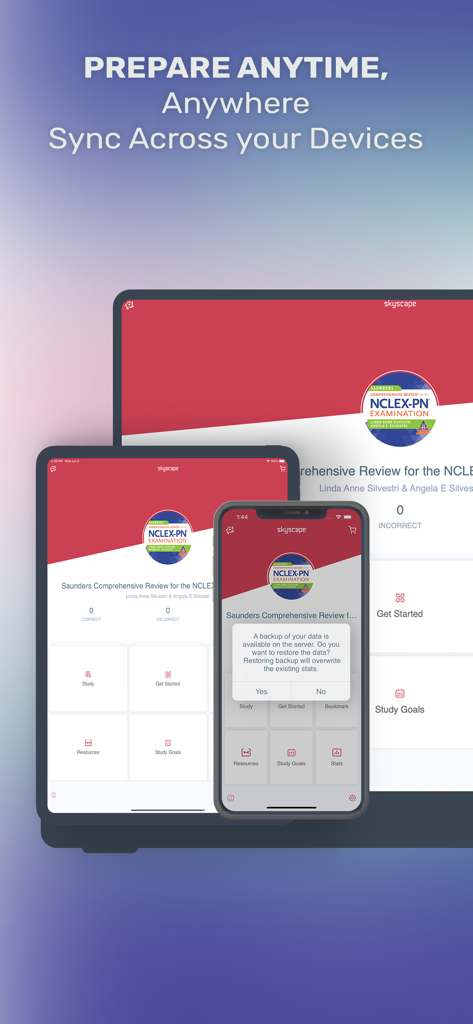 Interface de l'application Saunders Comprehensive Review NCLEX-PN affichée sur des écrans de smartphone et de tablette