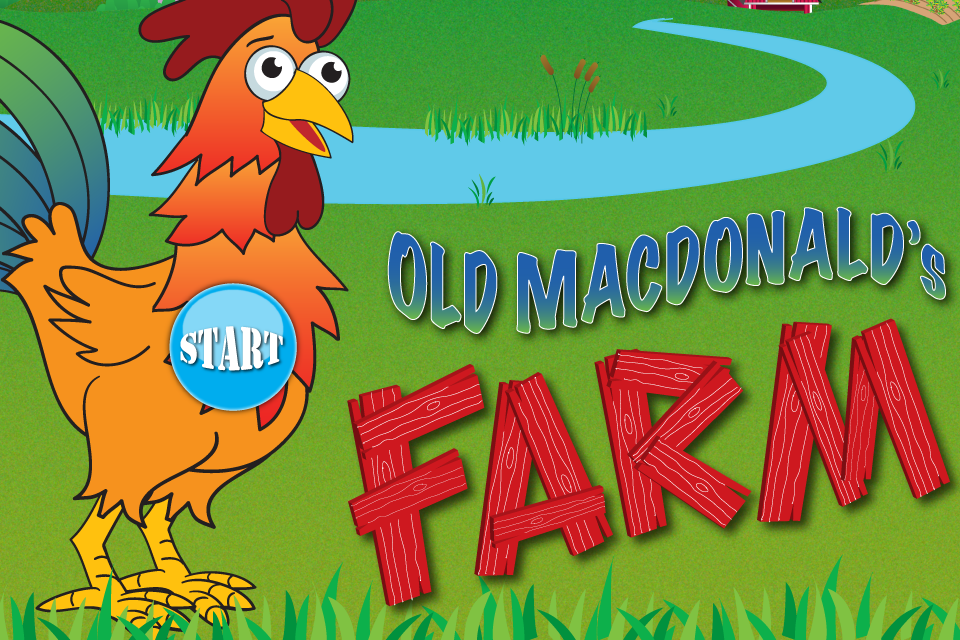 Old MacDonald - Title screen of Old MacDonald's Farm app featuring a cartoon rooster and a start button