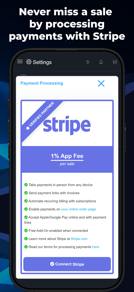 M&M POS - Payments For Stripe - M&M POS app interface showing Stripe connection settings with a list of features like in-person payments and a 1 percent fee per sale.