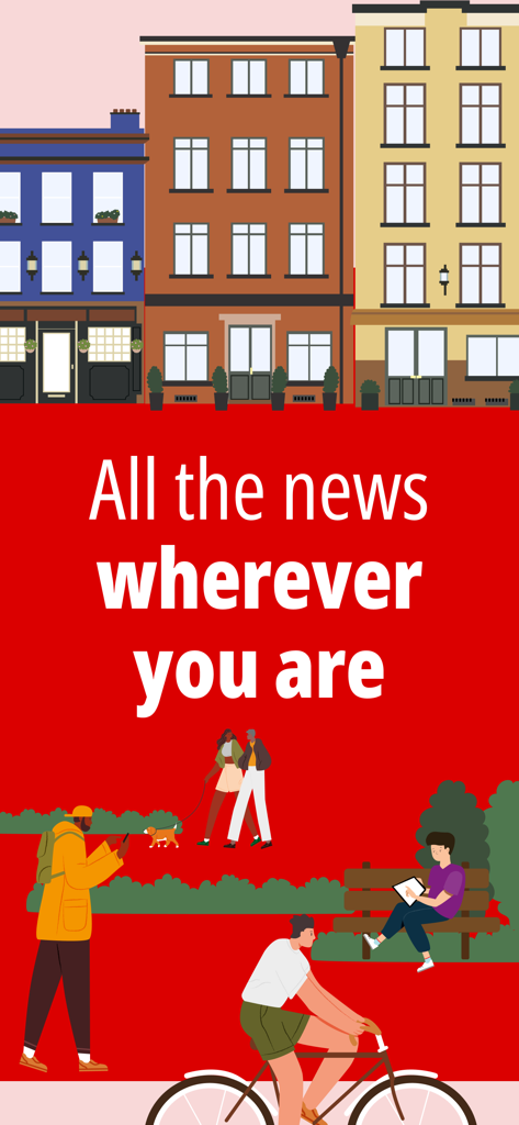 Illustration of people in a city park with the text All the news wherever you are
