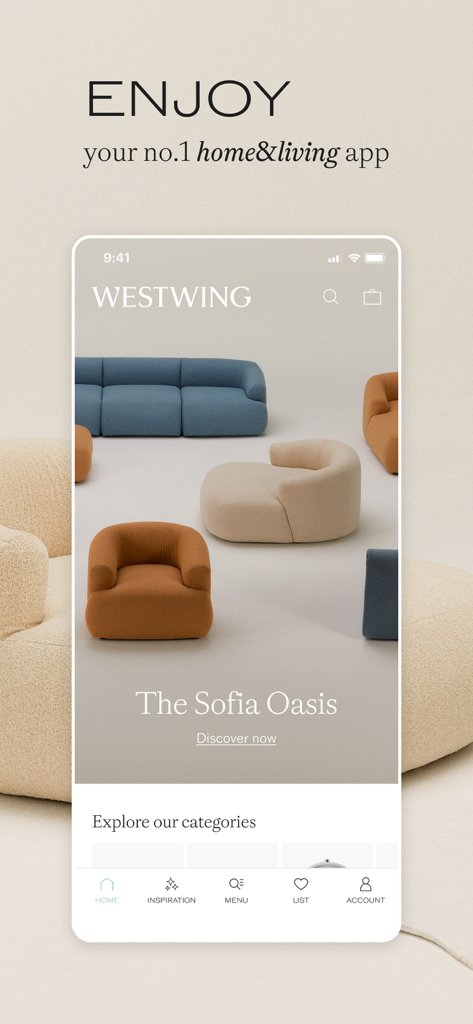 Pantalla de inicio de la aplicación de compras de muebles de Westwing mostrando la colección Sofia Oasis con sillones de diseñador