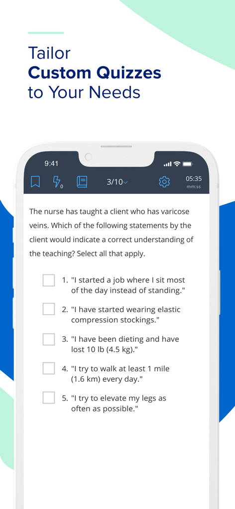 UWorld Nursing - UWorld Nursingアプリで、静脈瘤に関するカスタムNCLEX模擬問題を表示するスマートフォンの画面。
