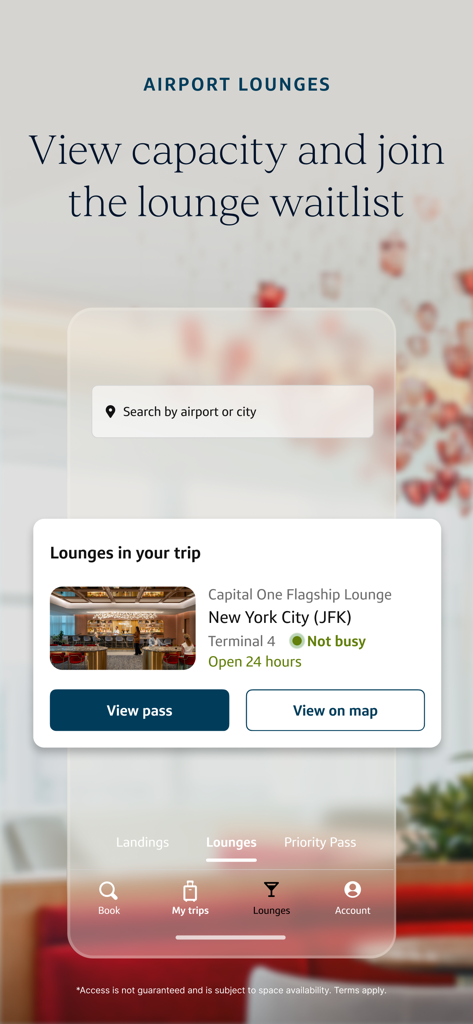 Capital One Travel - Capital One Travel app screen showing airport lounge capacity and waitlist for JFK