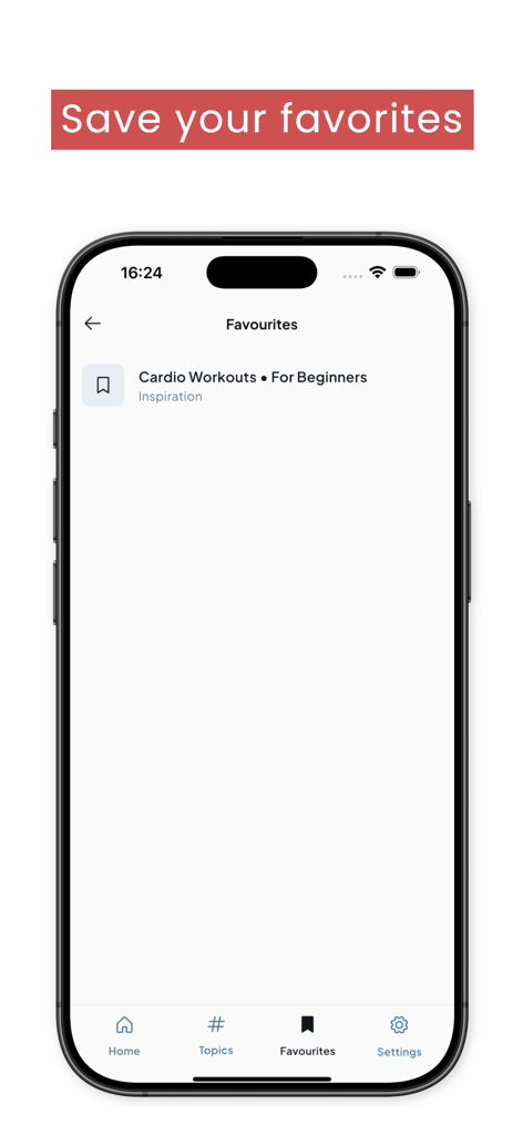 SeniorMatch - Interfaz de la aplicación SeniorMatch mostrando la página de favoritos con una lista guardada de entrenamientos cardiovasculares para principiantes.