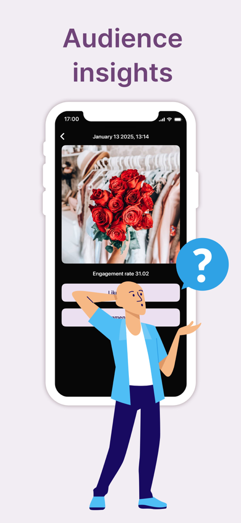 Una pantalla de iPhone que muestra estadísticas de audiencia de Instagram y la tasa de engagement de las publicaciones.