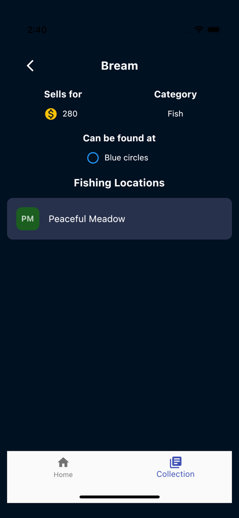 DLVGuide for Dreamlight - Details for the Bream fish in DLVGuide including selling price and location in Peaceful Meadow